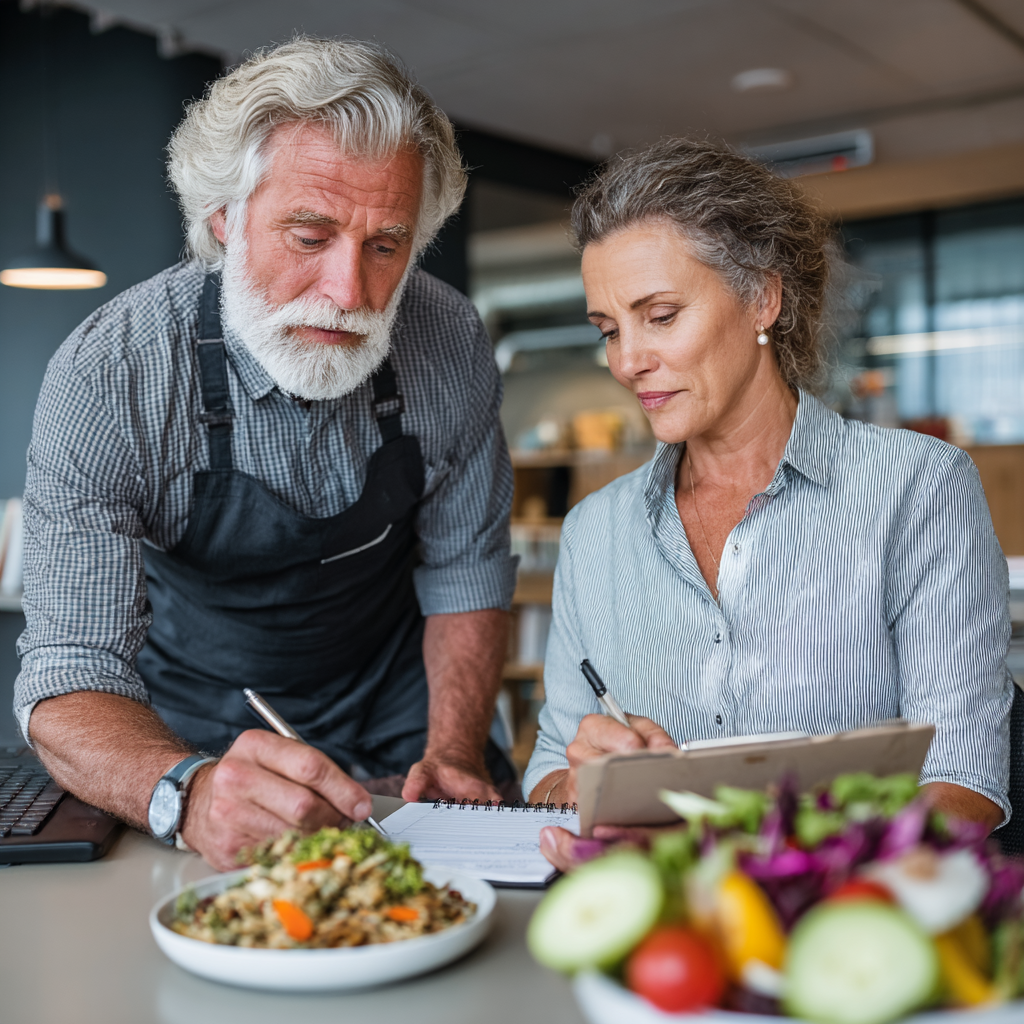 Чоловік віком 58 років розглядає план харчування з дієтологом в офісі
