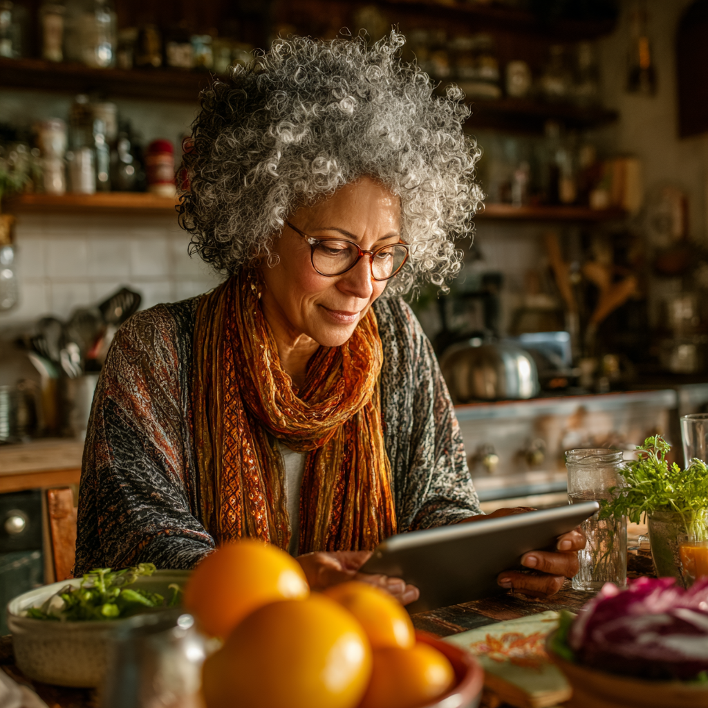 Жінка віком 55 років обирає свої цілі харчування на планшеті, сидячи за кухонним столом
