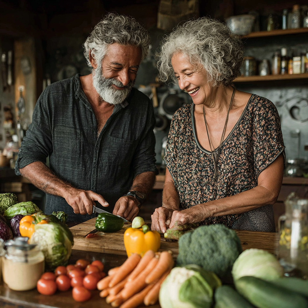 Подружжя віком 52 та 56 років готує здорову їжу разом на кухні, посміхаючись